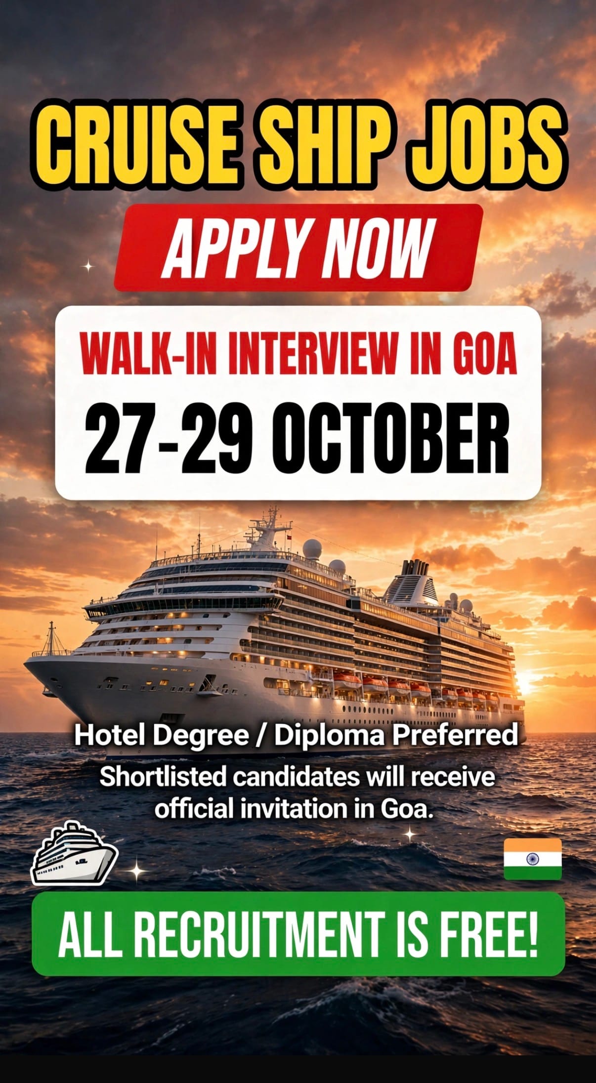 Cruise Ship Jobs | Walk-in Interview at Goa on 27-29 October